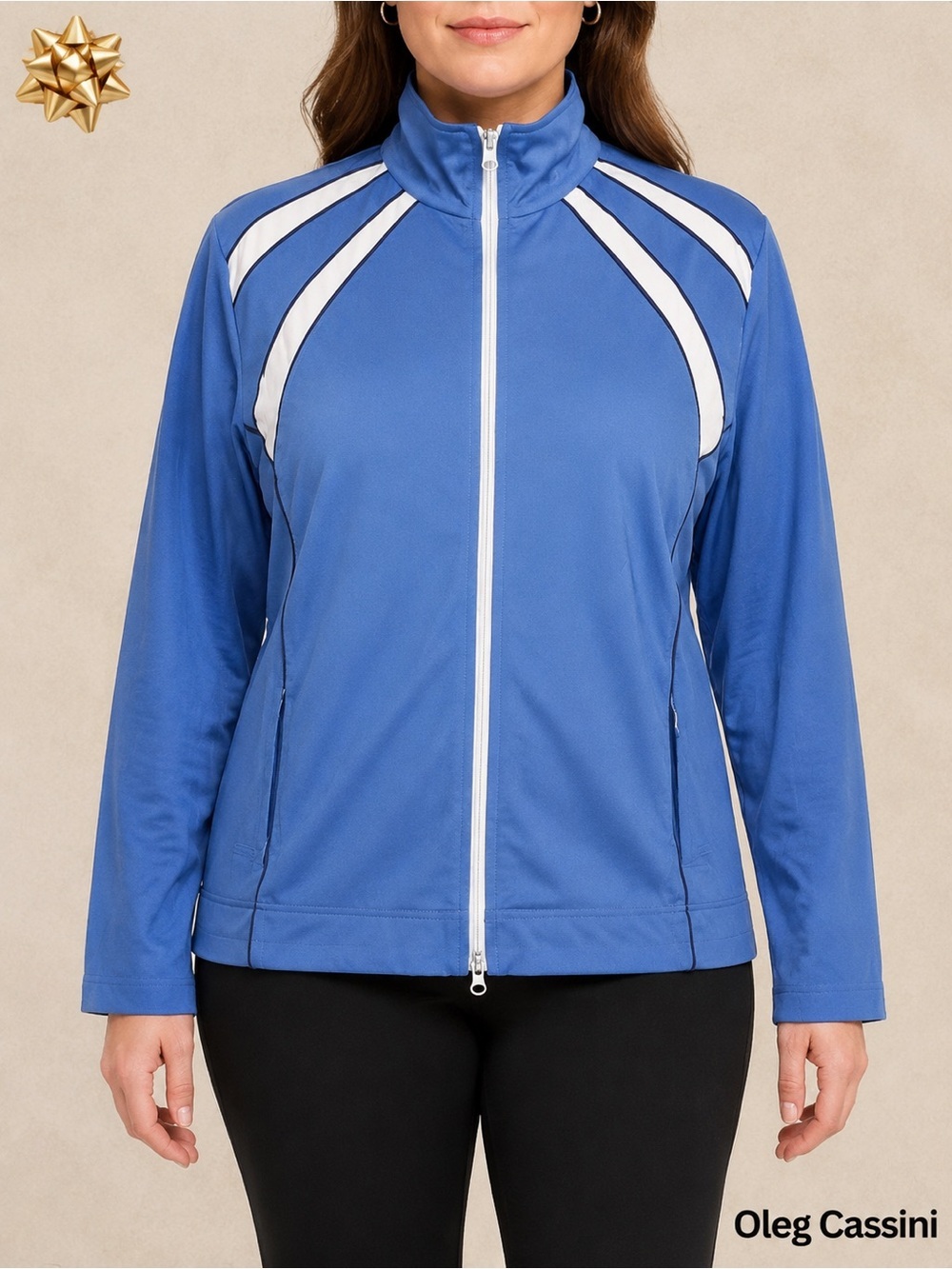 Oleg Cassini Track Jacket Dusty Blue Color Block Diagonal Stripes Large